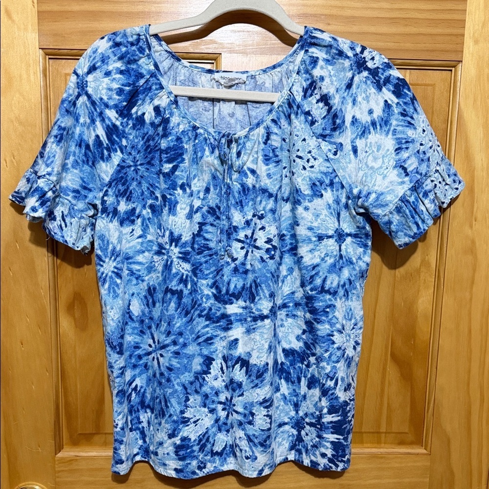 Women's Chloe+Rene Blue Floral Short Ruffle Sleeve Blouse Linen Blend Size Med.